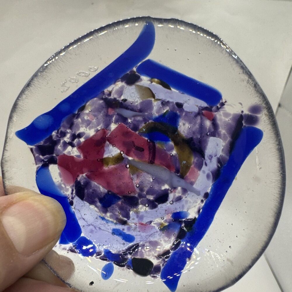 Handmade Fused Studio Art Glass Dish Bowl Abstract  Signed Shoehorn 2000 3 In - Picture 2 of 4